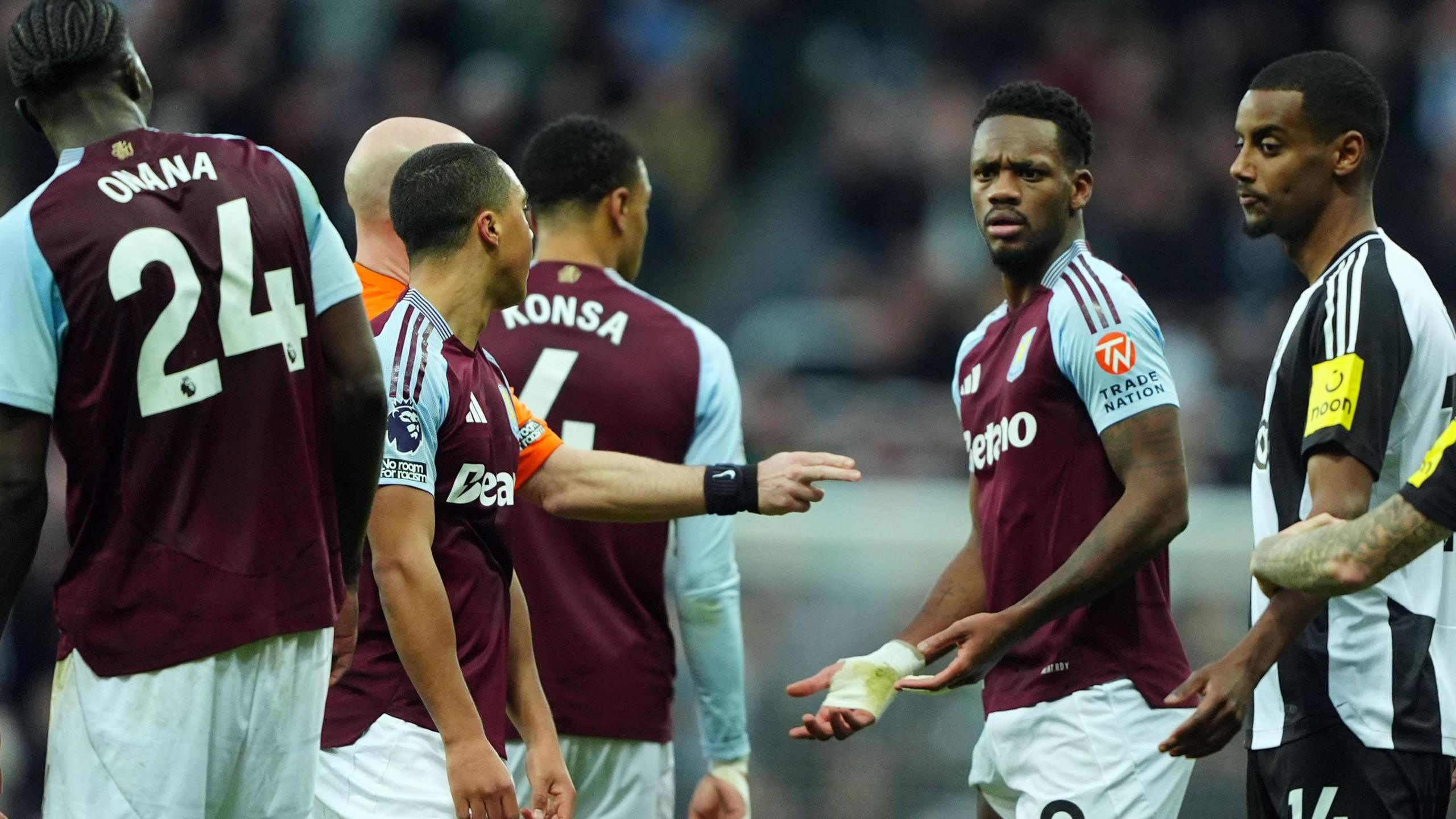 Aston Villa's Jhon Duran looking perplexed after being sent off against Newcastle