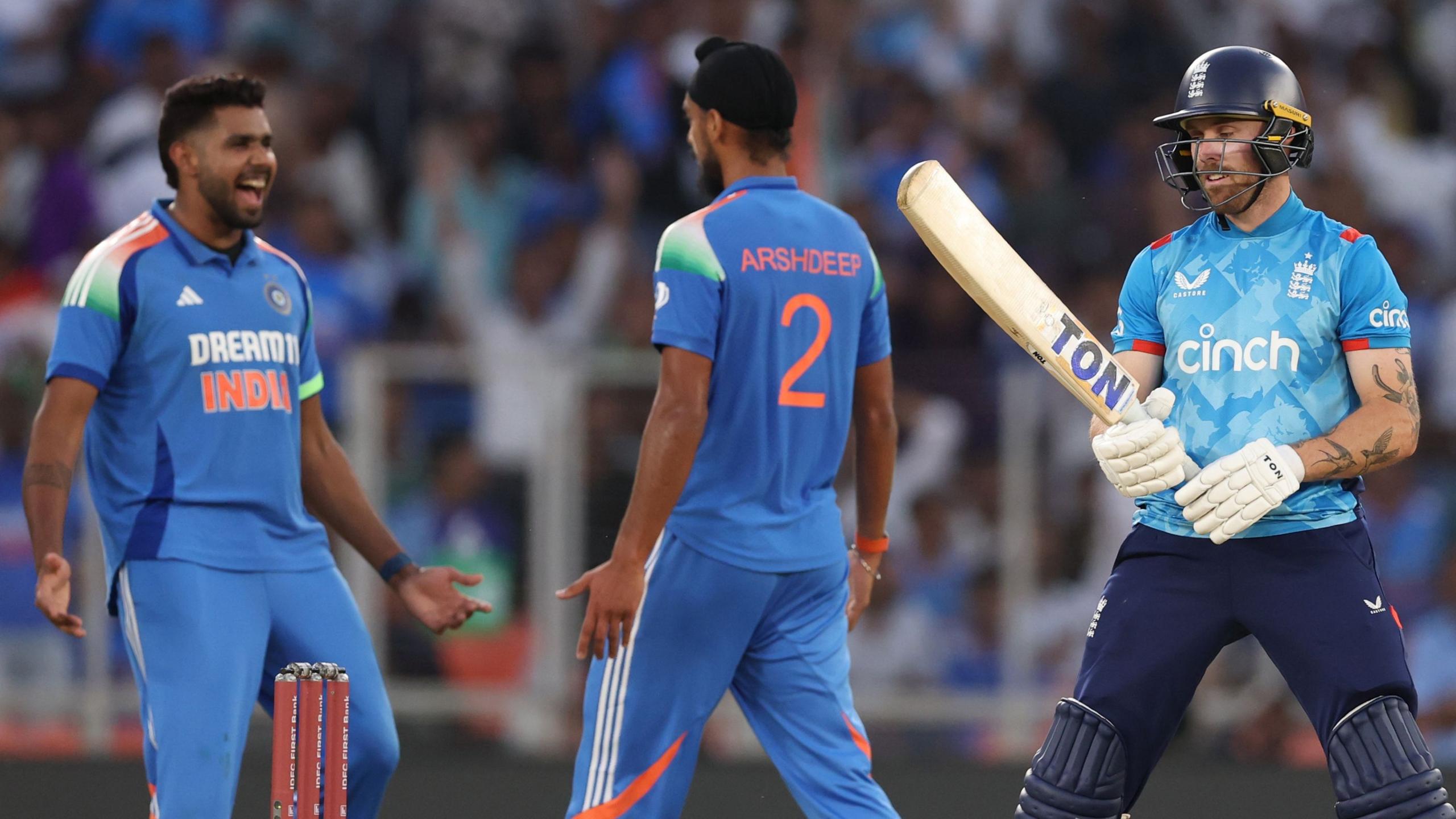 Phil Salt of England shows his frustration after being dismissed by Arshdeep Singh (c) of India during the 3rd ODI match between India and England at Narendra Modi Stadium