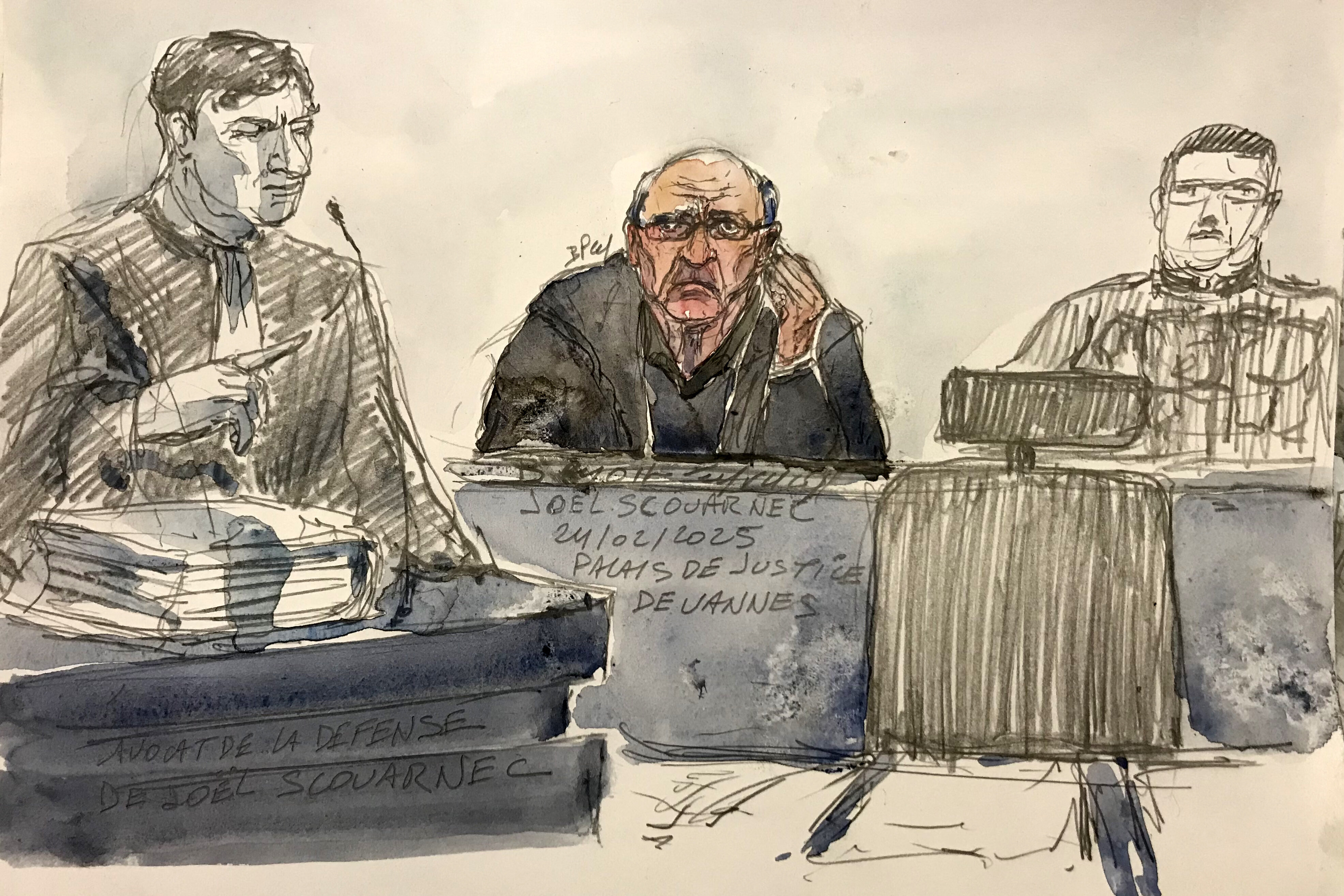 This court sketch created on Feb. 24shows retired surgeon Joel Le Scouarnec (C) next to his lawyer Maxime Tessier (L) during a hearing on the opening day of his trial on charges of assaulting or raping 299 patients at the Criminal Court in Vannes.