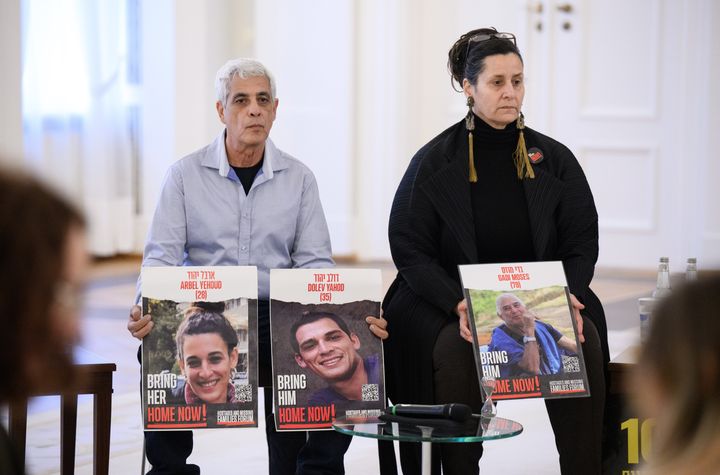 Yehiel Yehoud (L), father of German-Israeli siblings Dolev and Arbel Yehoud, and Efrat Machikawa (R), niece of hostage Gadi Moses, sit in Berlin's Bellevue Palace during a meeting between German President Frank-Walter Steinmeier and family members of German-Israeli citizens who were abducted by Hamas militants, on Jan. 15, 2025. Hamas is expected to release eight hostages on Jan. 30, 2025 - including Arbel Yehound and Moses - under the fragile ceasefire between Israel and the Palestinian militant group.