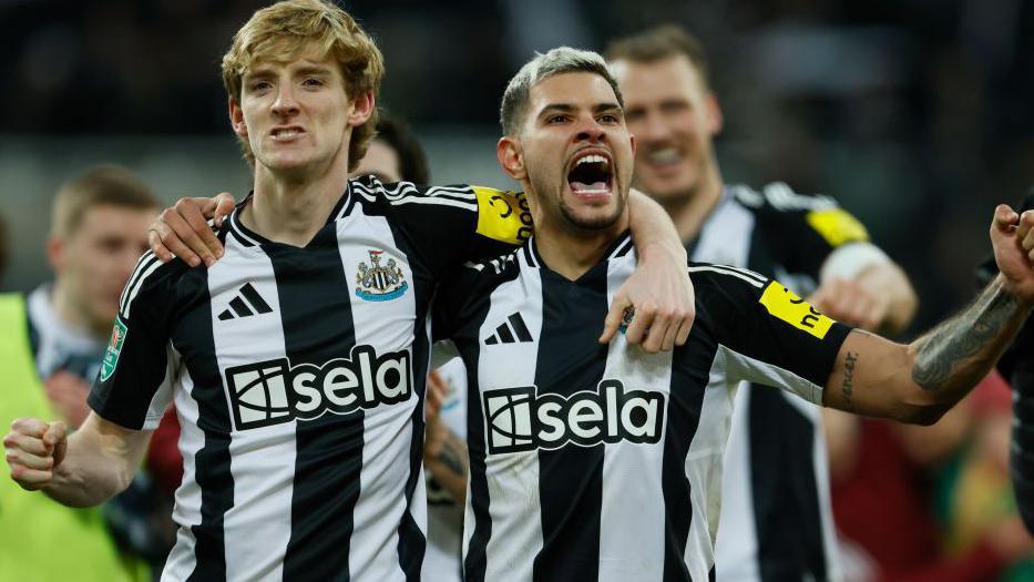 Newcastle United pair Anthony Gordon and Bruno Guimaraes after The Carabao Cup semi-final win against Arsenal