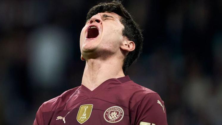 Manchester City defender Abdukodir Khusanov shows his frustration during the Champions League defeat to Real Madrid at The Bernabeu