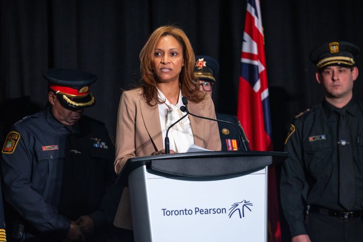 Toronto Pearson International Airport President and CEO Deborah Flint speaks at a press conference about a Delta Air Lines plane crash that injured at least 18 passengers at Toronto Pearson International Airport on February 18, 2025 in Toronto, Canada. The jet, coming in from Minneapolis, attempted to land amid strong winds and snow, leading to it crashing and landing upside down on the tarmac the day before. 