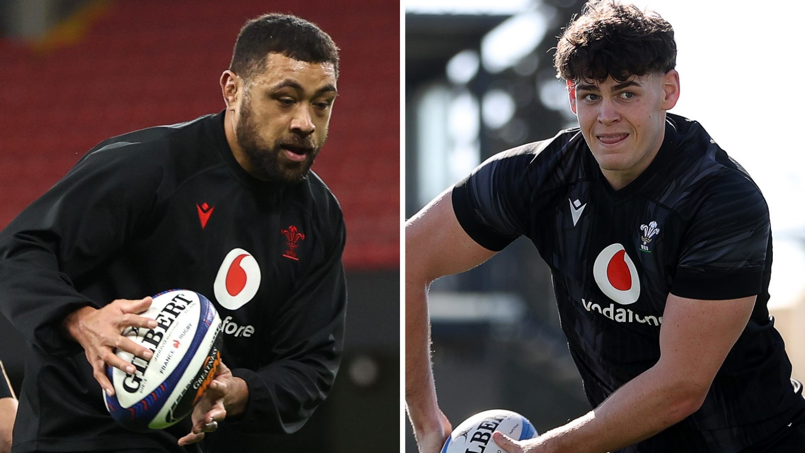 A picture of Taulupe Faletau and of Eddie James running with the ball during Wales training sessions