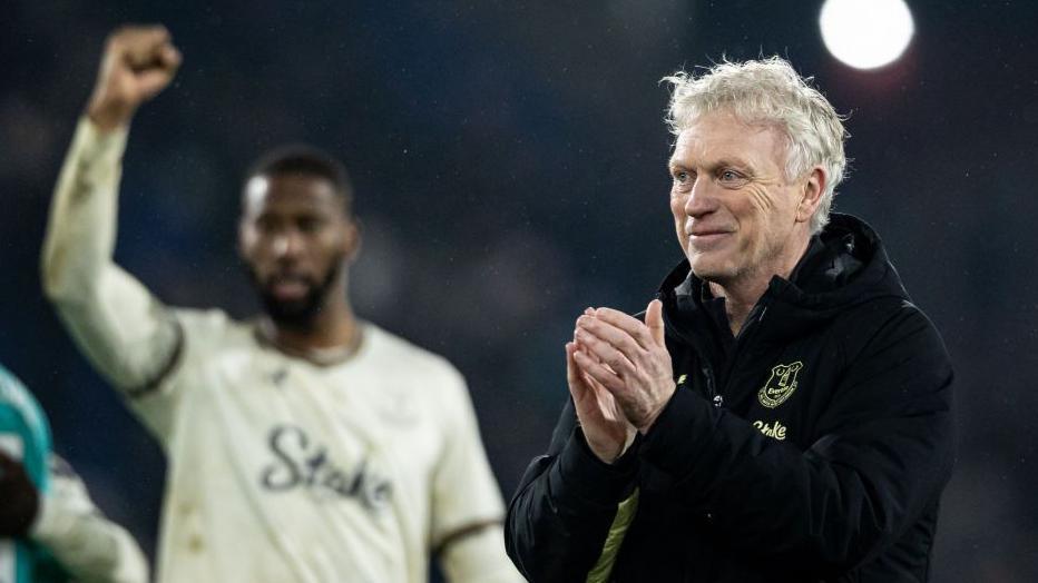 David Moyes applauds the Everton supporters after the Toffees' Premier League win at Goodison park