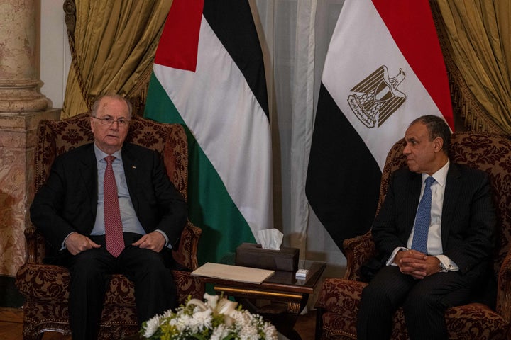 Egyptian Foreign Minister Badr Abdelatty (R) meets with Palestinian Foreign Minister Mohammed Mustafa in Cairo on March 3, 2025. Egypt is set to host an Arab League summit to discuss a reconstruction plan for on Gaza, to counter U.S. President Donald Trump's devastating plan to forcibly remove Palestinians from the territory and redevelop the land.