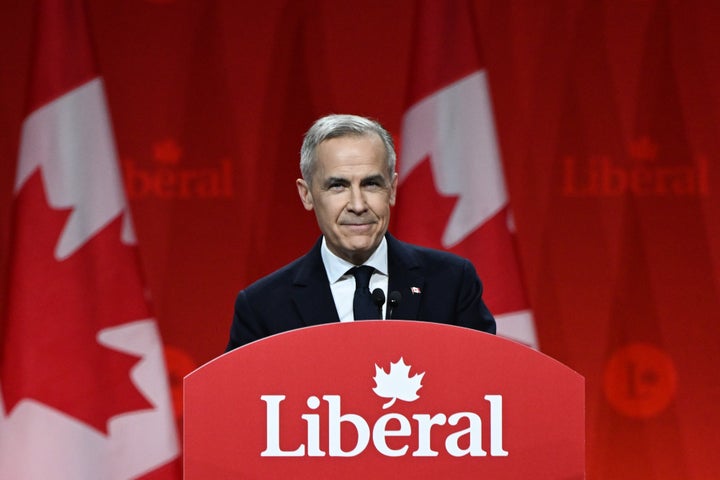 Mark Carney, the newly elected leader of the Liberal Party of Canada, addresses supporters in a victory speech Sunday after the official announcement of the 2025 Liberal Leadership race results at Rogers Centre in Ottawa, Ontario.