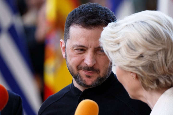 European Commission President Ursula von der Leyen, right, and Ukraine's President Volodymyr Zelenskyy speak with the media as they arrive for an EU Summit at the European Council building in Brussels on March 6, 2025.