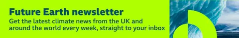 Thin, green banner promoting the Future Earth newsletter with text saying, “Get the latest climate news from the UK and around the world every week, straight to your inbox”. There is also a graphic of an iceberg overlaid with a green circular pattern. 