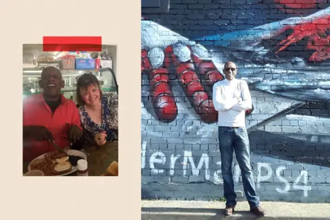 Gillian Holtom On the left a image of Terry Leader and Gillian Holtom and on the right, Terry poses for a picture in front of a large mural