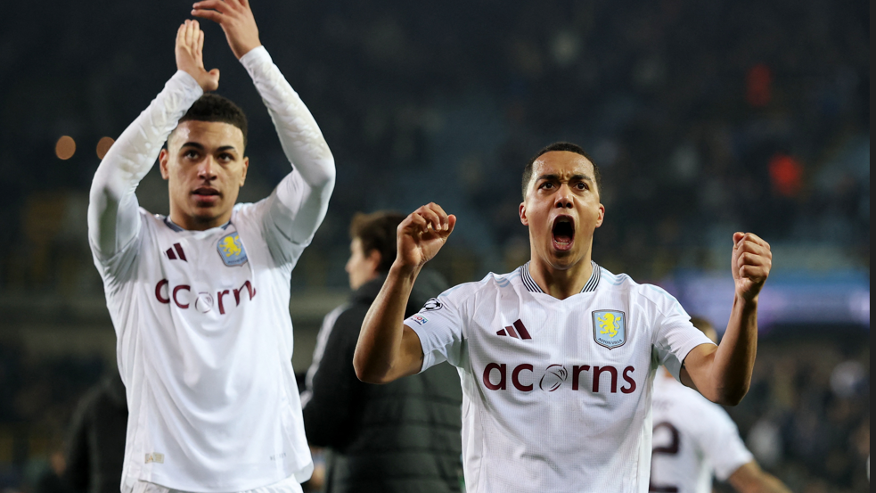 Aston Villa's players celebrate after their team's 3-1 win over Club Brugge in the Champions League