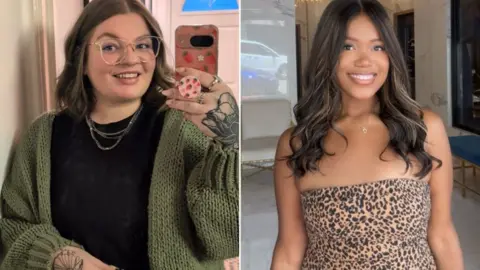 Jess Phillips and Branneisha Cooper Composite image of two photos of different woman: A woman in a black outfit, green cardigan and glasses smiles as she takes a selfie on her phone in a mirror in a house; A woman in a leopard-print dress and long brown hair smiles at the camera